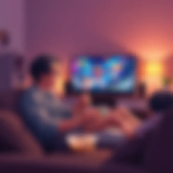 A father and son sitting on a couch, both are watching anime on TV, smiles on their faces, with snacks beside them.