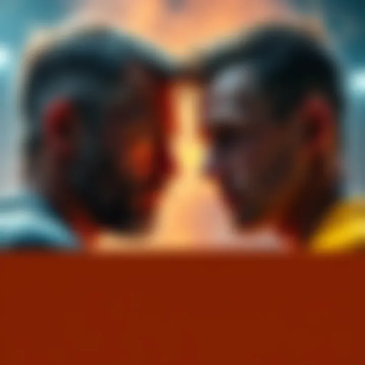 A father and son stand face to face in a tense competition, showcasing expressions of determination and rivalry.