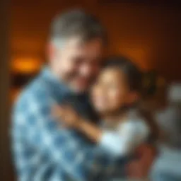 A father and his young daughter embracing, both smiling joyfully, capturing a moment of love and connection.