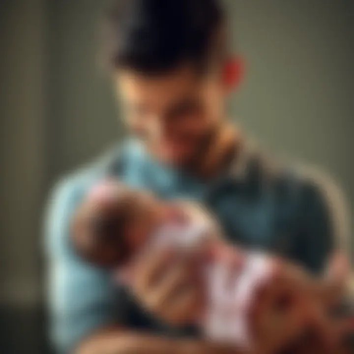 A new dad lovingly holds his 4-month-old daughter in his arms, smiling down at her with joy and connection.