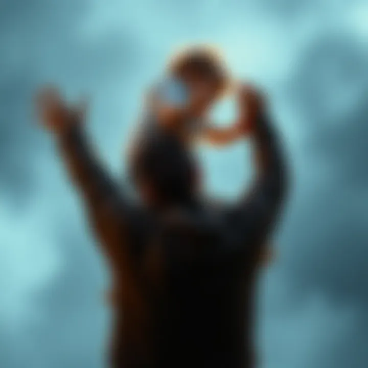 A father lifts his child in the air, symbolizing love and ambition in parenting.