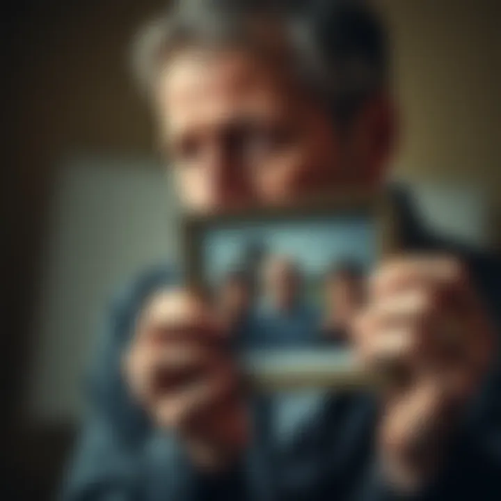 Father holding a photo of his children A grieving father looks at a picture of his lost kids, showing deep sorrow and determination to move forward.