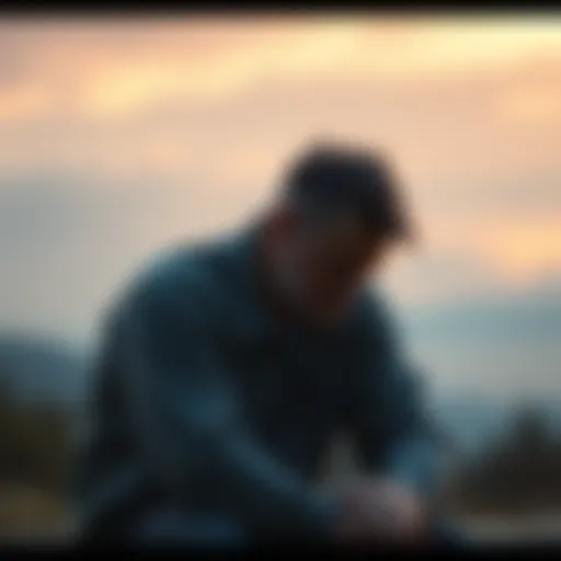 A father sitting alone, looking sorrowful, with a backdrop of soft, muted colors to reflect sadness