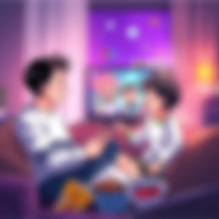 A father and son sharing a laugh while watching a comedy anime on TV, sitting on a couch with snacks around them