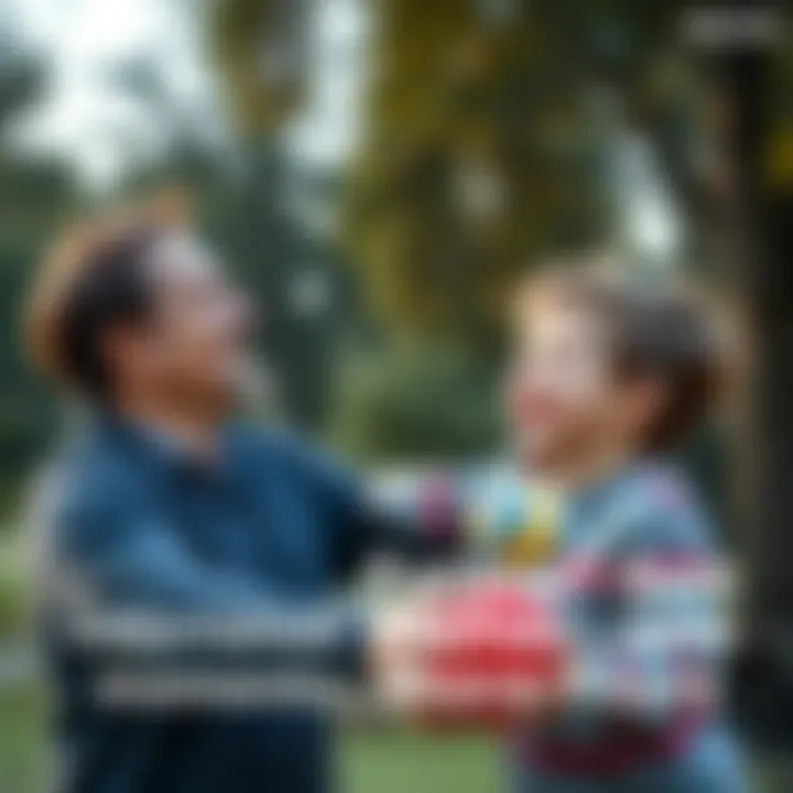 A father and son laughing together while playing catch in a park, creating a joyful bond