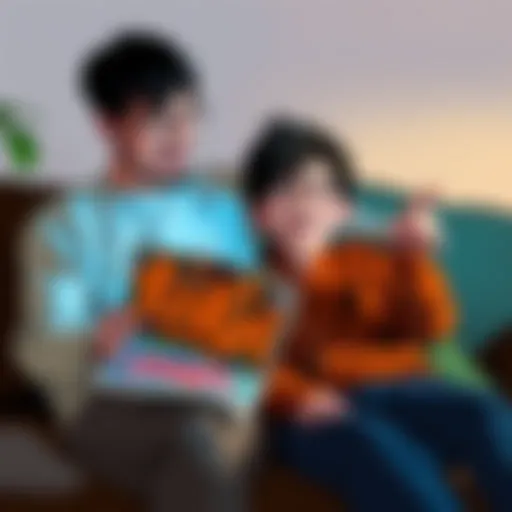 A father and son sit together on a couch, excitedly reading manga. The father holds a colorful manga book, while the son points at a page, sharing his thoughts.