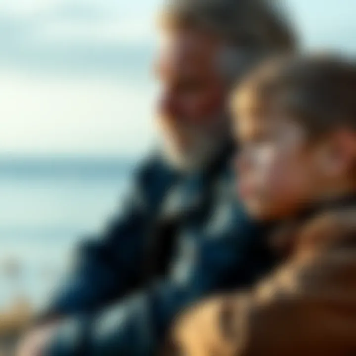 A father and son sitting together, looking contemplative with expressions of sorrow and resilience, outdoors in a serene setting.