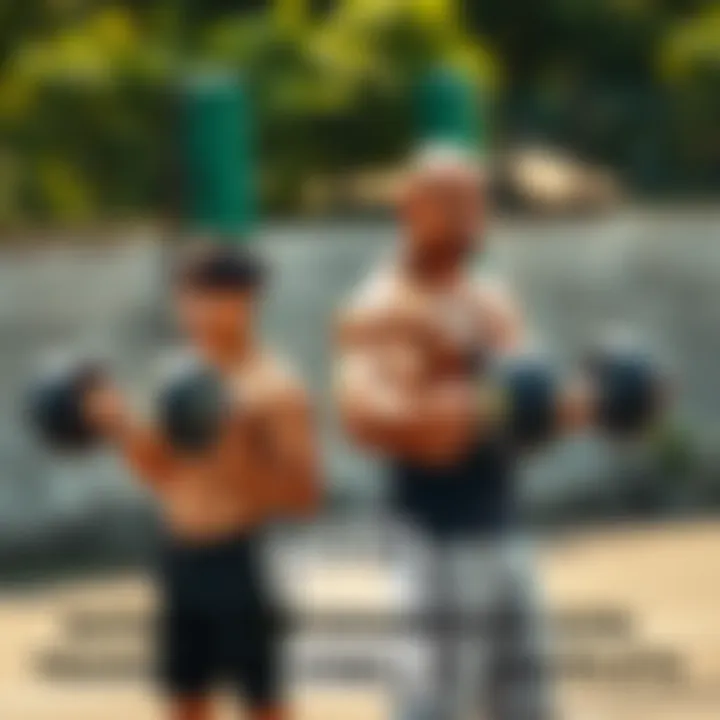 Father and son training together Saitama and his son lifting weights side by side, showing their strong bond while training outdoors.