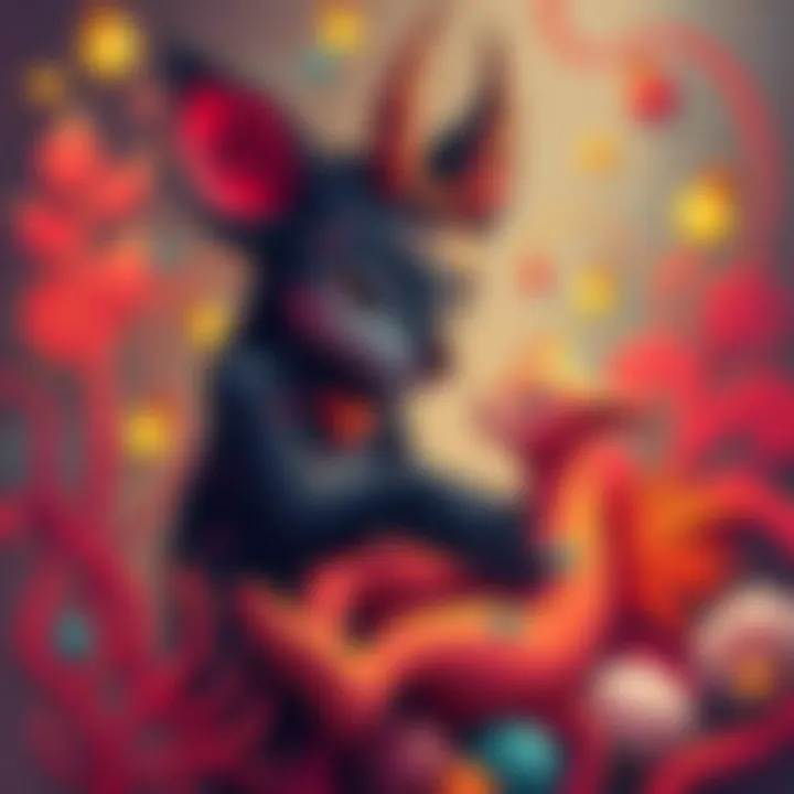 A whimsical digital art piece showing a Faunus character hugging a colorful abstract creature surrounded by vibrant patterns and warm colors.