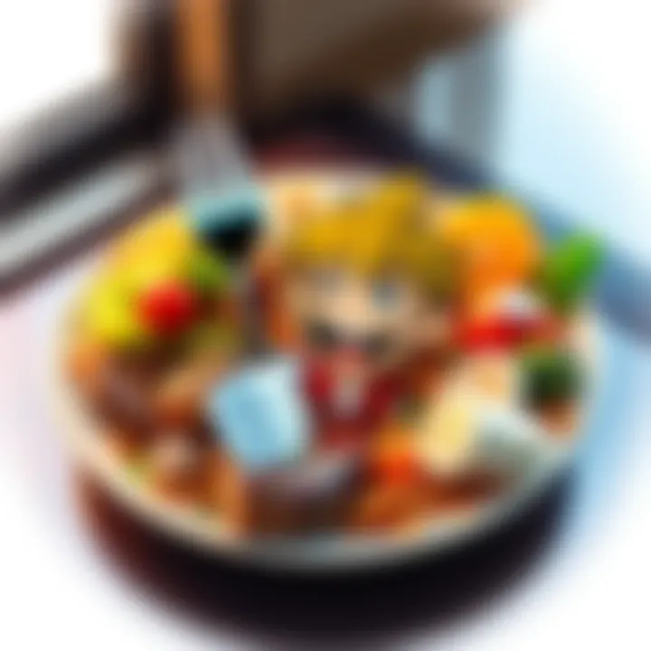 A colorful plate of various dishes with a JoJo character holding a fork, inviting people to share their favorite foods