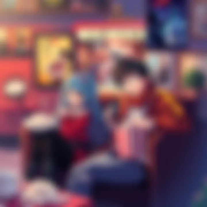 Characters like Karura and Ohma enjoying their favorite movies and genres, surrounded by film posters and popcorn.