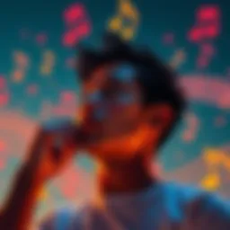 Person thinking about their favorite song A thoughtful individual considering their favorite song with musical notes in the background