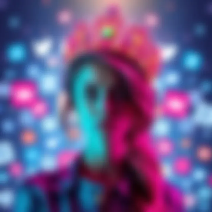 Faye as a Digital Icon Faye wearing a digital crown, surrounded by social media icons, representing her influence in online culture and community.