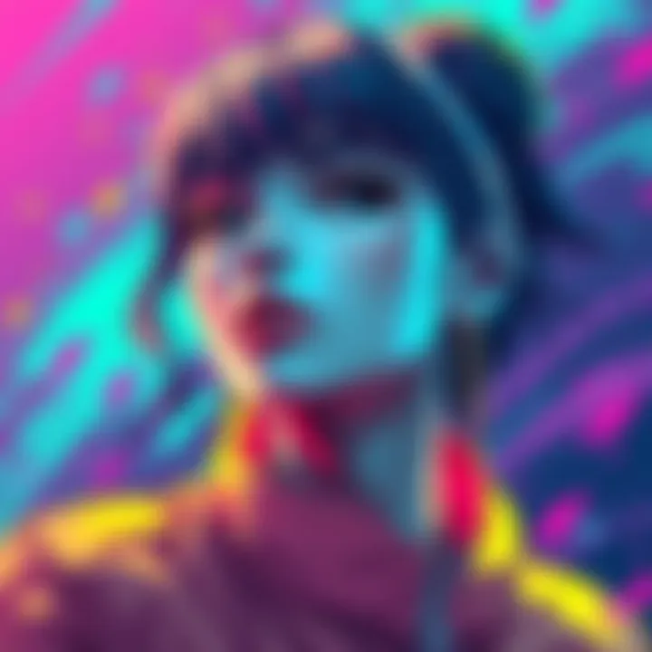 A colorful and vibrant artwork featuring a female character with expressive features, set against a dynamic background.