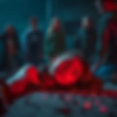 Faye Yeager lying on the ground with a sorrowful expression, surrounded by shocked friends in a dramatic setting.