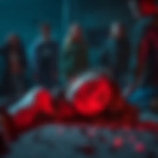 Faye Yeager lying on the ground with a sorrowful expression, surrounded by shocked friends in a dramatic setting.