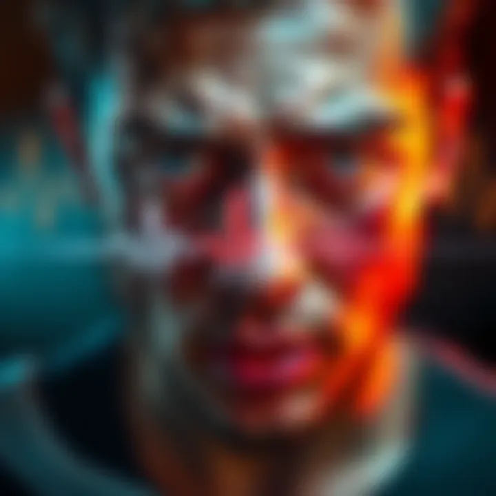 A person with a racing heartbeat, indicated by a visible heartbeat graphic, cold sweats, and a flushed face, hinting at emotions beyond fear.