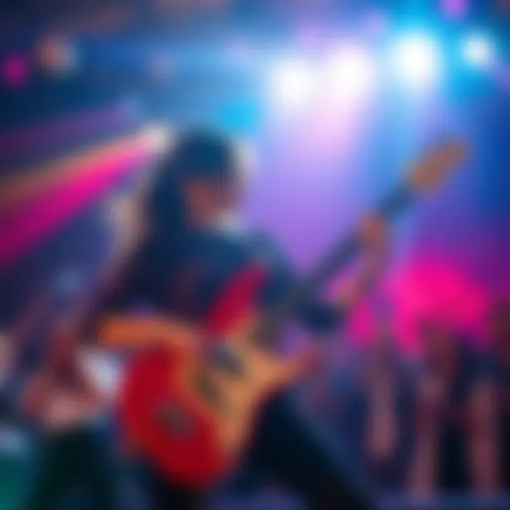 A female bass player passionately playing her instrument on stage, surrounded by colorful lights and an enthusiastic crowd.