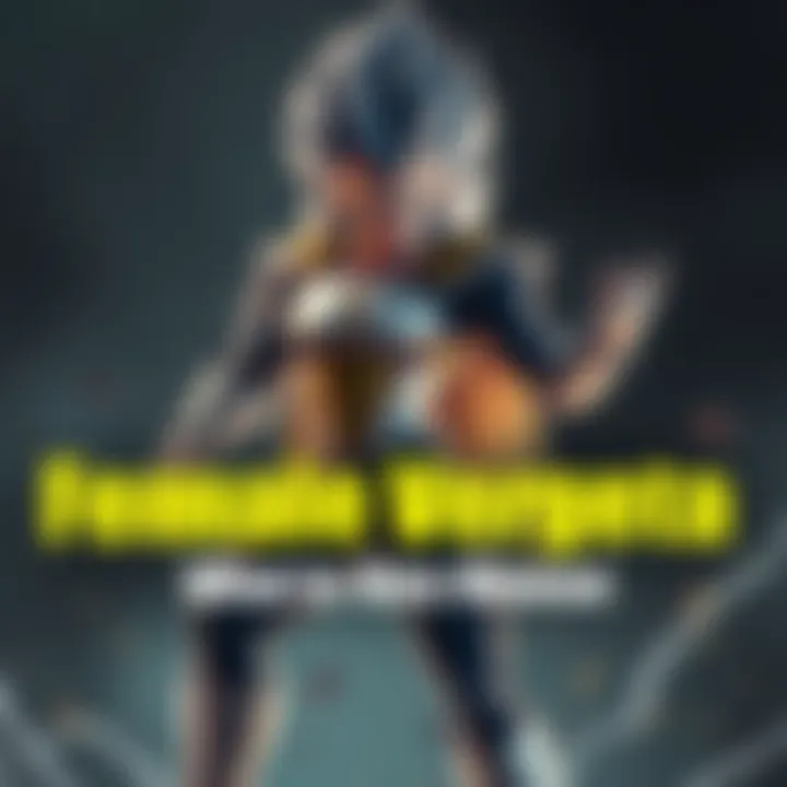 A female version of Vegeta in a powerful stance, wearing Saiyan armor and having long hair, showcasing a strong pose in a dramatic background.