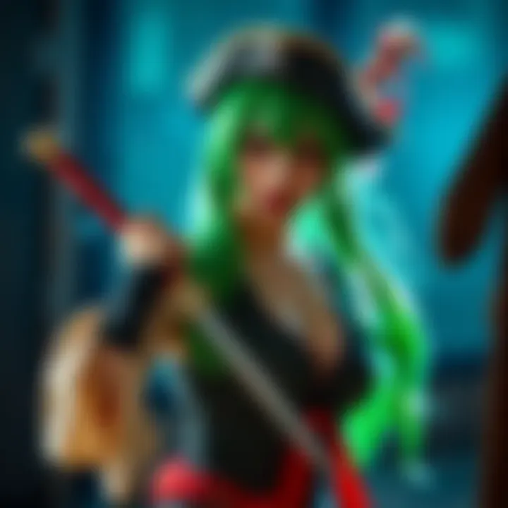 A woman dressed as Zoro with a green wig, sword, and pirate outfit, posing confidently