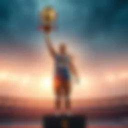 A female athlete stands proudly on a podium, holding a trophy high above her head, symbolizing her achievements and status as a top performer.