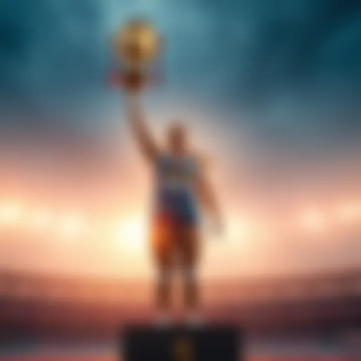 A female athlete stands proudly on a podium, holding a trophy high above her head, symbolizing her achievements and status as a top performer.
