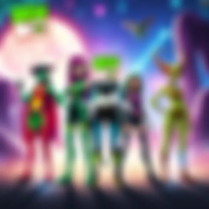 Three female versions of Ben 10 aliens stand together, each displaying unique powers. A vibrant fantasy background sets the scene for their adventure.