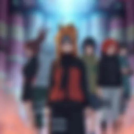 A group of female characters from Naruto standing together, looking determined but overshadowed by male characters in the background.