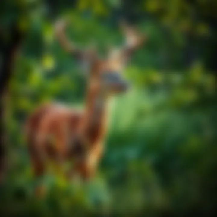 Female Deer in Nature A female deer standing in a lush green forest, showcasing its natural beauty without horns.
