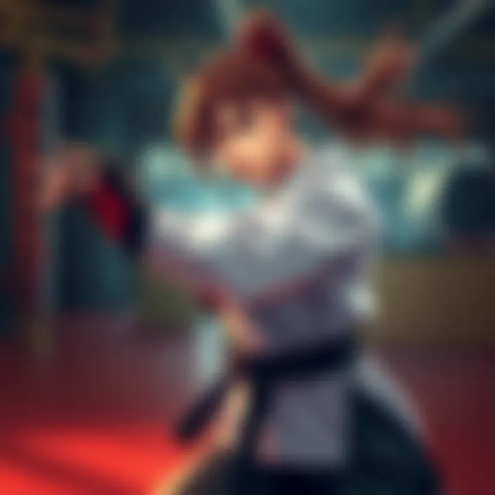 A female martial artist demonstrating realistic techniques in a training setting, showcasing skills like MMA, boxing, and judo.