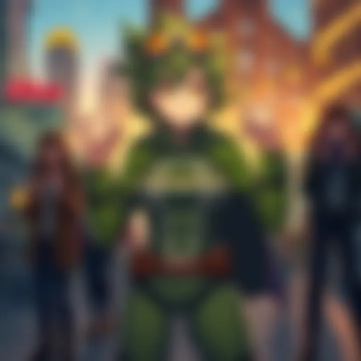 A female character with green hair and a determined expression, wearing a superhero costume, standing confidently with her fists clenched. She has a backdrop of an urban city and a few friends cheerin...