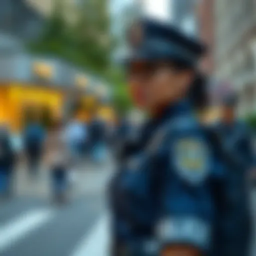 A female police officer in uniform stands confidently on the street, engaging with community members and showcasing her role in law enforcement.