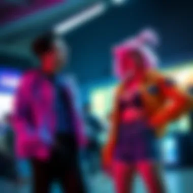 A femboy confidently poses with vibrant clothing on the right, while a traditional guy stands casually on the left, both in a social setting.