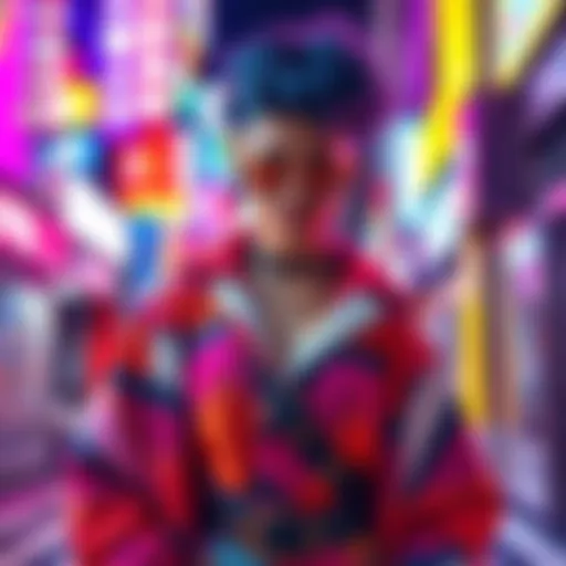 A person in a colorful outfit with feminine elements, showcasing femboy fashion and confidence in a vibrant urban setting.