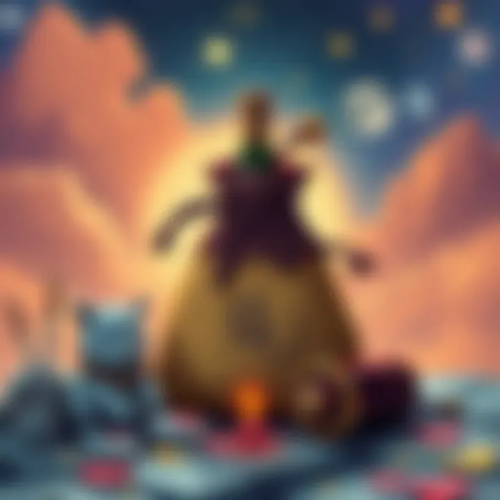 Illustration showing a winesack and celestial elements, symbolizing Fengari's connection to astronomy and swords.