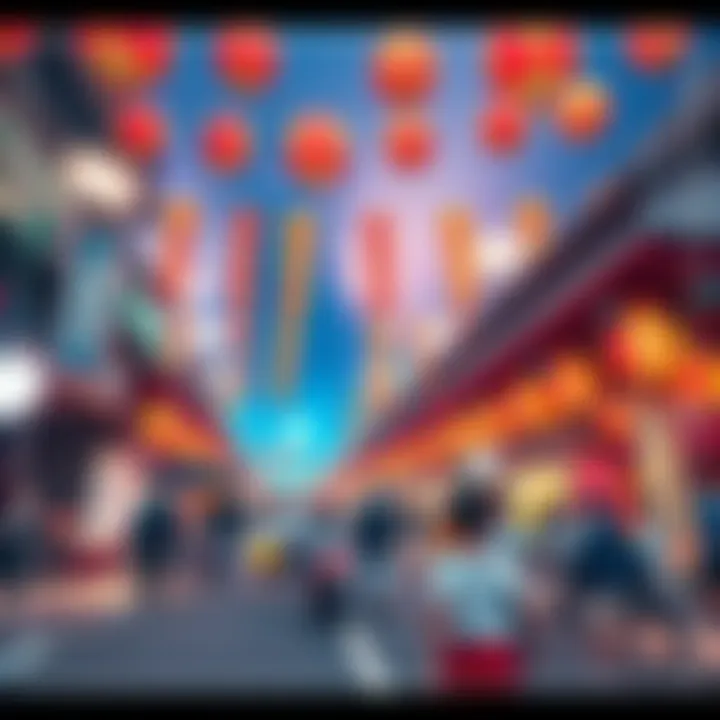 A lively matsuri with colorful decorations, people enjoying food, and traditional performances in a joyful atmosphere.