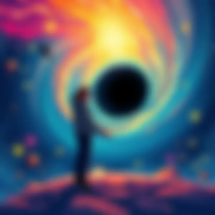 Fictional character creating a black hole A colorful illustration of a fictional character standing in space, with swirling stars and a black hole forming in front of them.