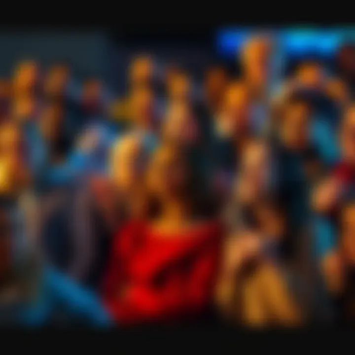 A diverse group of people watching a commercial featuring fictional characters alongside real actors, showing mixed reactions of curiosity and excitement.