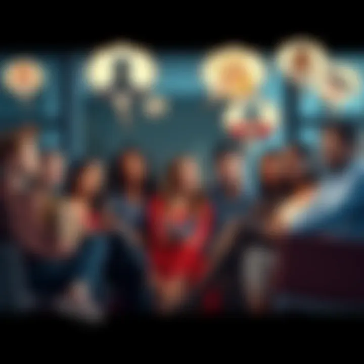 A group of diverse people sitting together, discussing their favorite fictional characters as if they were real, with thought bubbles showing characters like superheroes and classic figures.