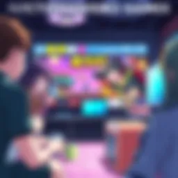 A colorful scene featuring anime characters engaging with a fictional video game in a slice-of-life setting, with vibrant graphics on the screen and playful expressions.