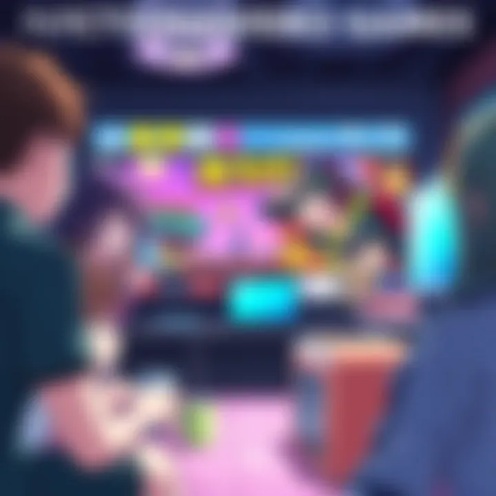 A colorful scene featuring anime characters engaging with a fictional video game in a slice-of-life setting, with vibrant graphics on the screen and playful expressions.