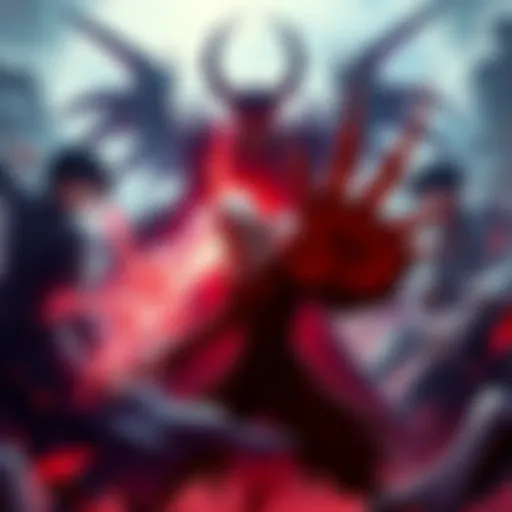 Percival, Shinigami, Ryuk, and Death face off in an intense showdown, showcasing their unique powers and abilities, surrounded by a dramatic background.