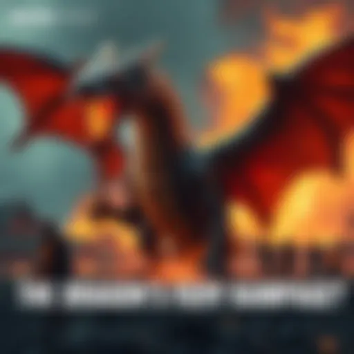 A large, fiery dragon stands ready for battle, flames erupting from its mouth, with a backdrop of a burning village and frightened townsfolk watching from a distance.