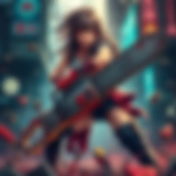 A strong female character wielding a giant chainsaw, ready for action in a chaotic setting.
