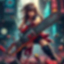 Fierce Heroine with Chainsaw A strong female character wielding a giant chainsaw, ready for action in a chaotic setting.
