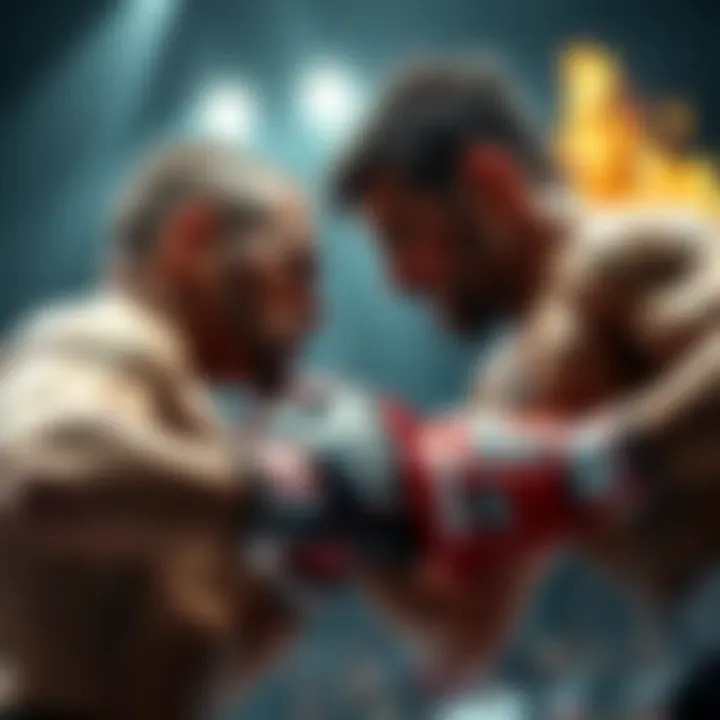 Two fighters face off in a heated battle, showcasing their strategies amid rising tension.