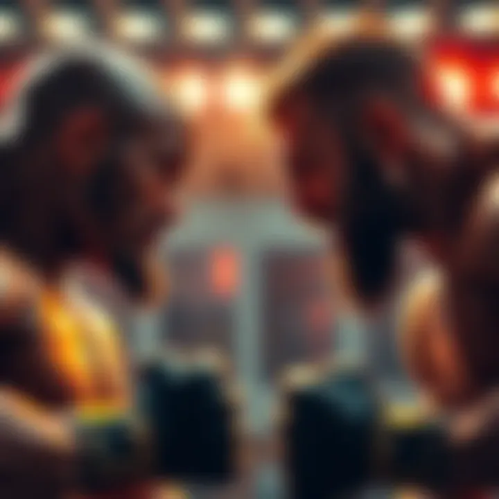 Two strong competitors face off in an intense battle setting, showcasing their muscles and determination.
