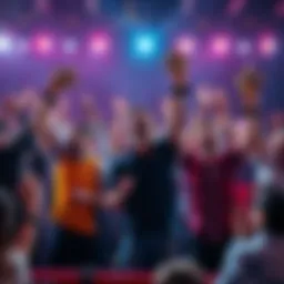 Contenders in a row fight celebrating their victories with trophies and cheers from the crowd.