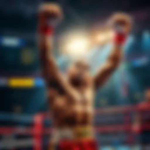 A determined fighter raises their arms in triumph after a successful match, showcasing their journey from struggle to success, with a focused look of resilience and hard work.