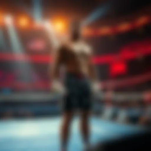 A determined fighter standing calmly in a boxing ring, choosing not to engage in a fight, with an audience watching.